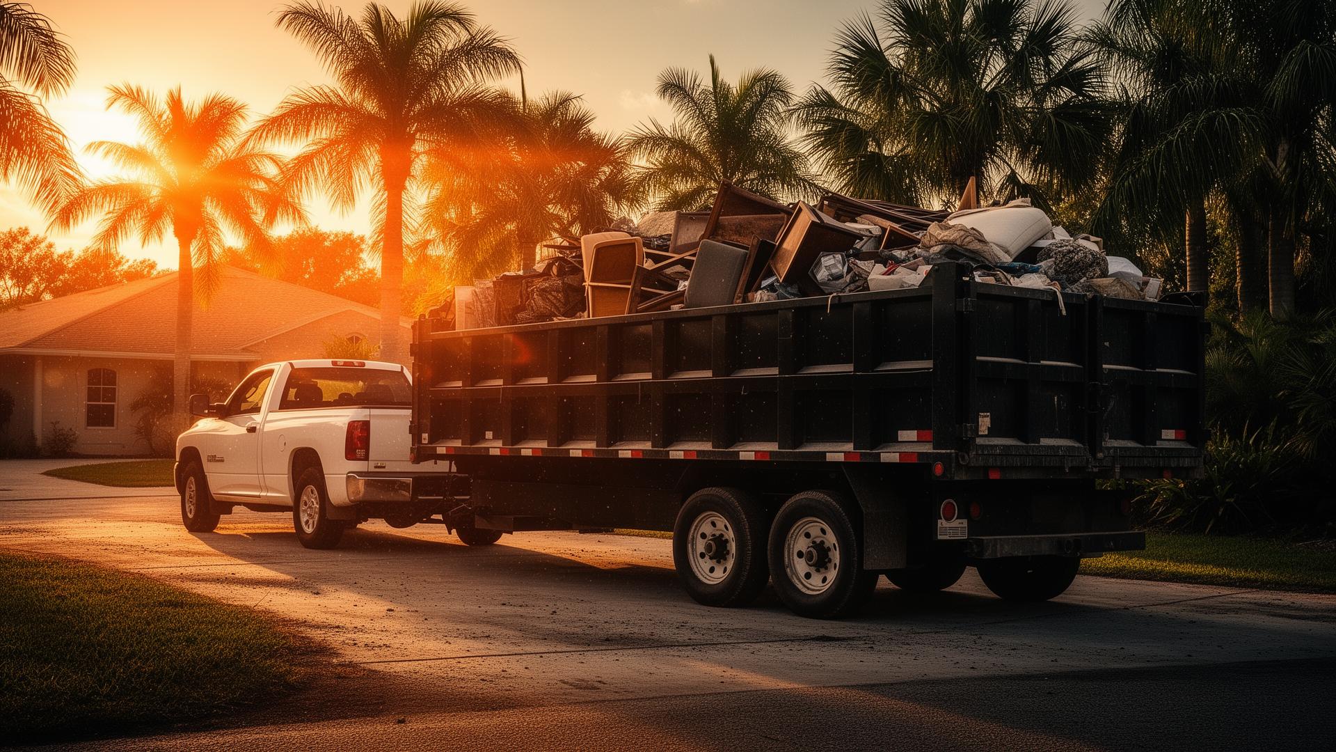 Flaco's Junk Removal truck and trailer hauling junk in South Florida at sunset